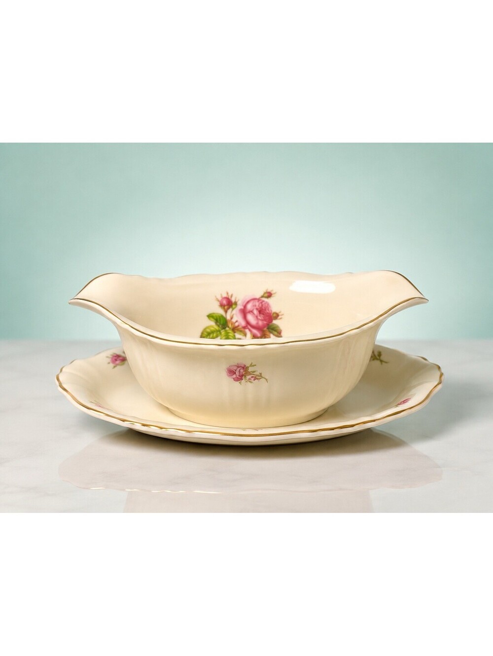 Noritake 1910s Mystery 84 Lorraine Pink Rose Gravy Boat With Underplate, 8.5x5”